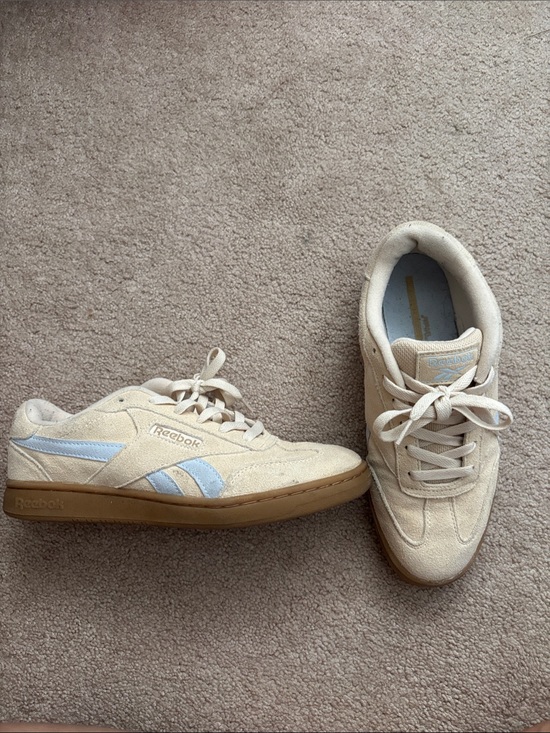 Reebok Shoes - Reebok Cream Suede Sneakers with Light Blue Stripes